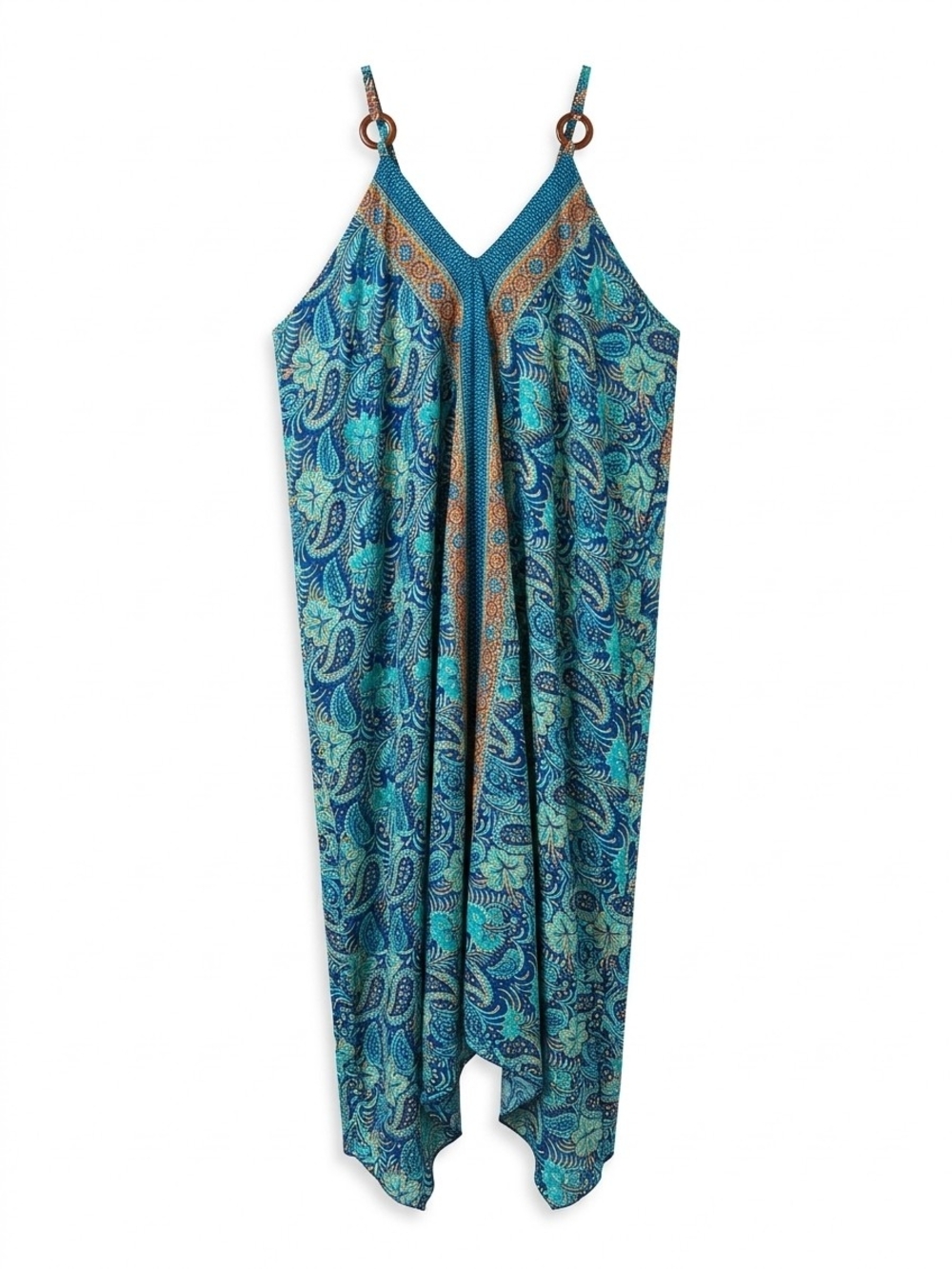 Paisley V-Neck Midi High Low Dress with Ring-Strap Detail - Blue